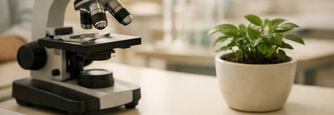 A school microscope beside a potted plant and a leaf on a glass slide