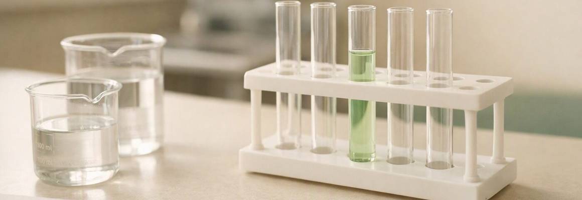 Glass beakers and a rack of test tubes, one holding a pale green solution