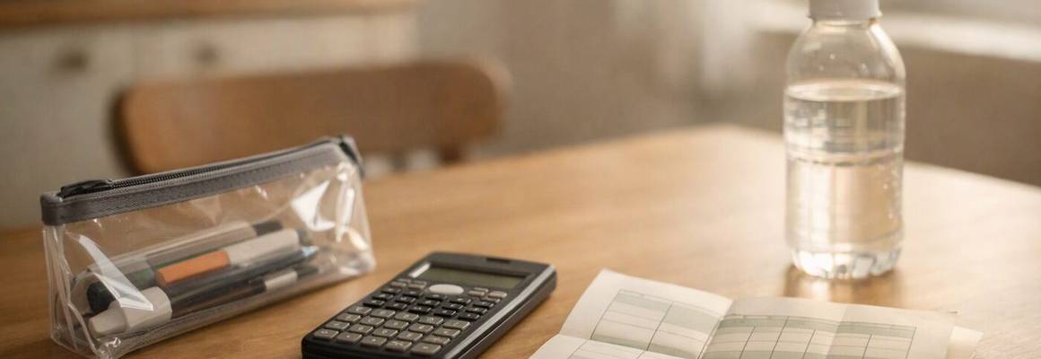 An exam-morning kitchen table with a clear pencil case, calculator, water bottle and folded timetable