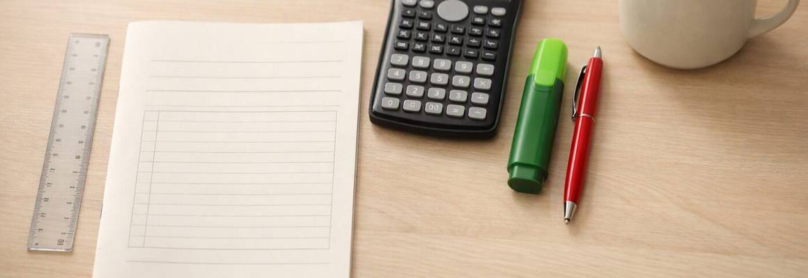 A tidy study desk with an answer booklet, scientific calculator, green highlighter and red pen