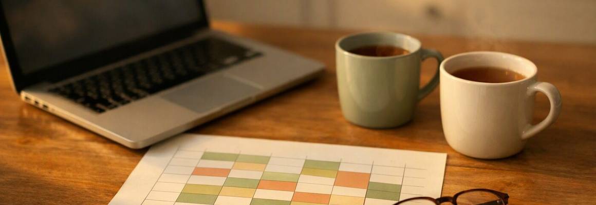 A kitchen table in warm evening light with a laptop, a printed weekly timetable and two mugs of tea