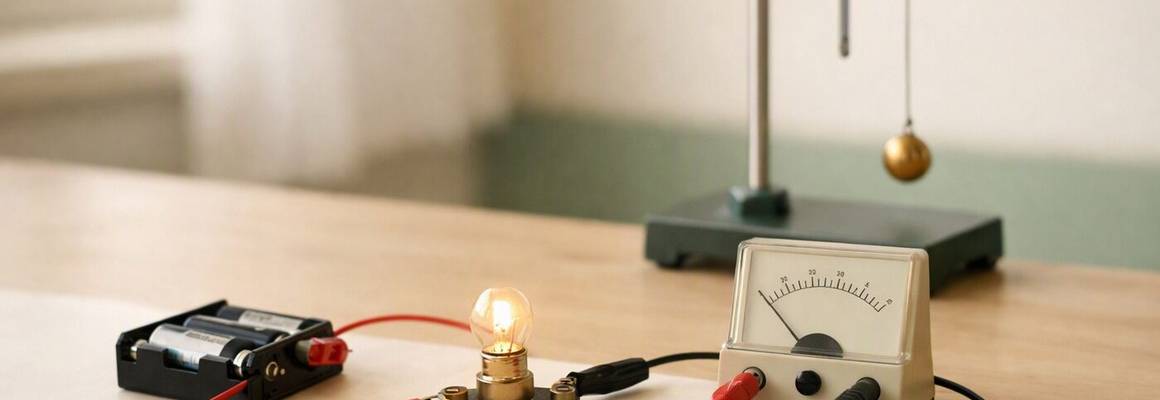 A simple circuit with a battery pack, bulb and ammeter beside a pendulum stand
