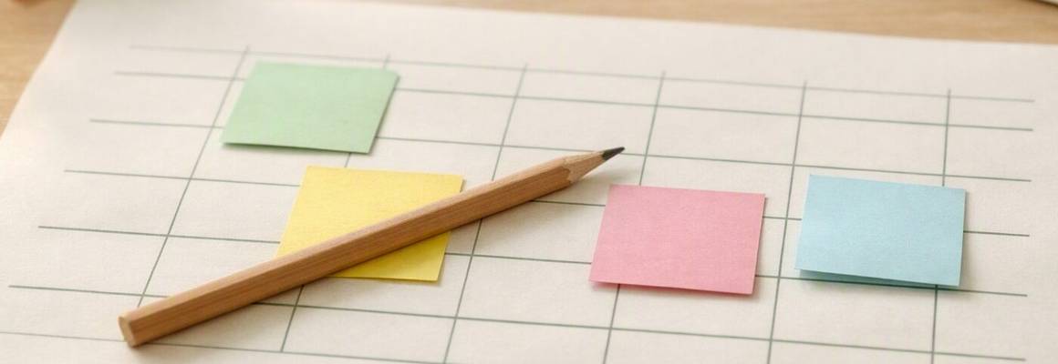 A paper weekly revision timetable with coloured sticky notes and a pencil