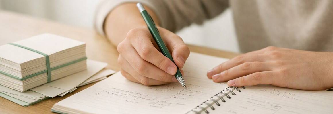 A student's hands working through practice questions in a notebook beside a stack of revision cards
